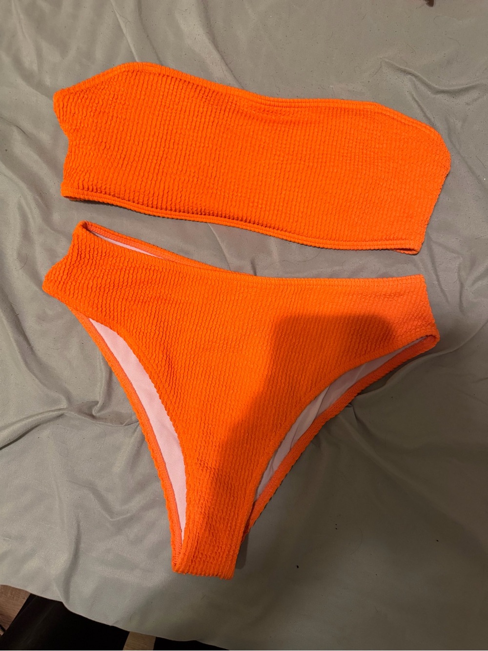Neon Orange Ribbed Bandeau Bikini Set